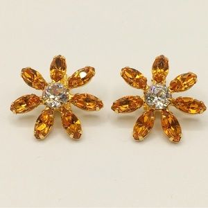 B. David Vintage Gold Tone Citrine/Topaz Crystal Floral Clip Earrings